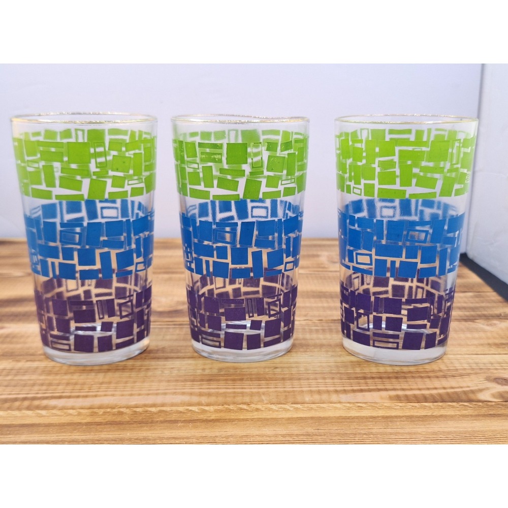 Vintage Gold Rim Drinking Glasses, Purple, Green & Blue Squares‎ Barware (3) Lot